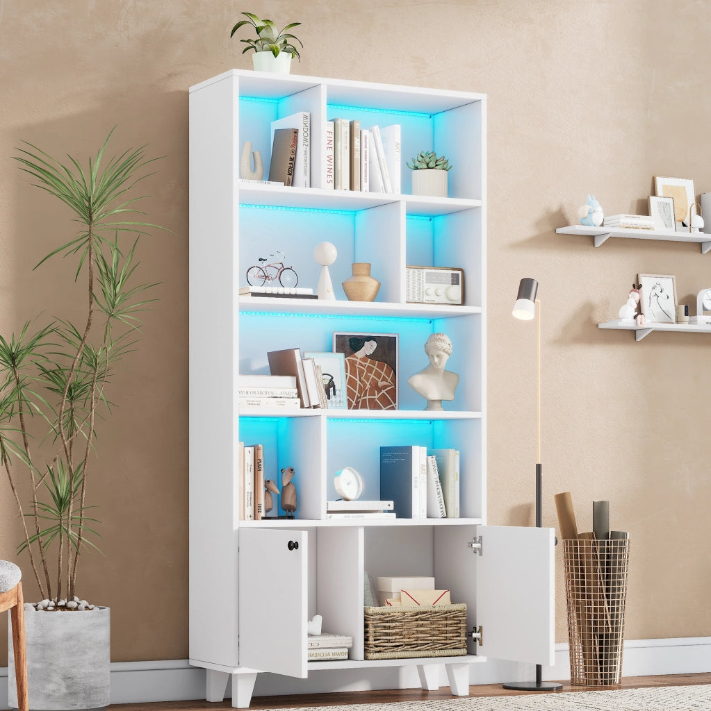Libreria 80x30x173 cm con LED controllata tramite app e ante doppie in MDF e legno bianco