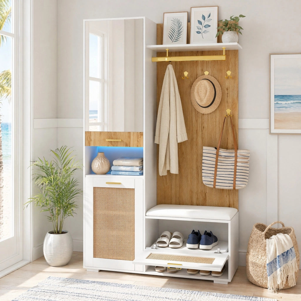 ARMADIO INGRESSO 110x38x190 cm Bianco/Legno con Specchio e LED