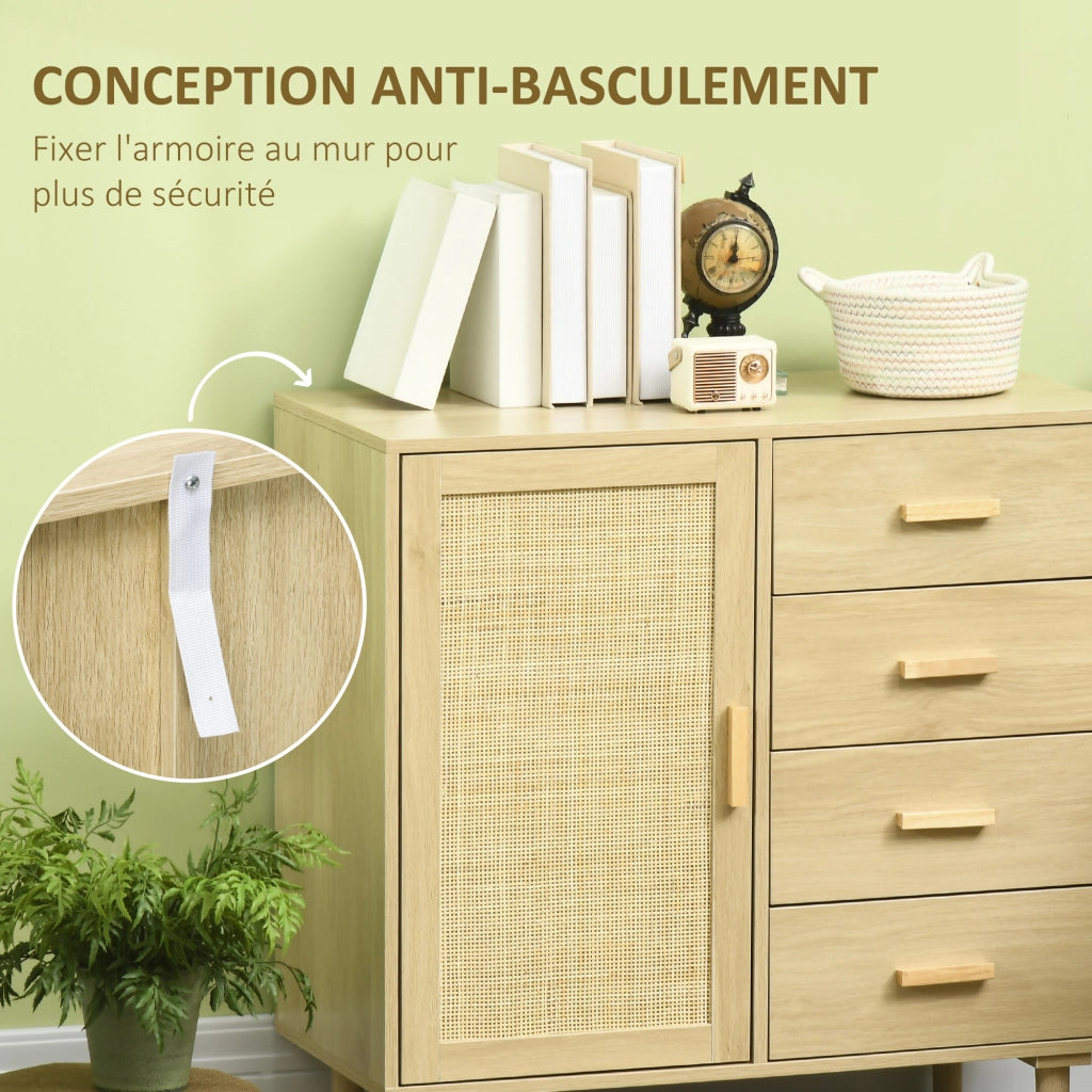 Buffet in rattan con ante e 4 cassetti ¨C Zephmum ¨C Effetto legno naturale 80x38x80.5 cm