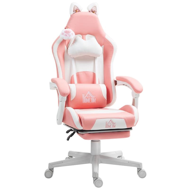 SEDIA DA GAMING ERGONOMICA CON ORECCHIE DA GATTO POGGIAPIEDI SUPPORTO LOMBARE E CERVICALE ROSA