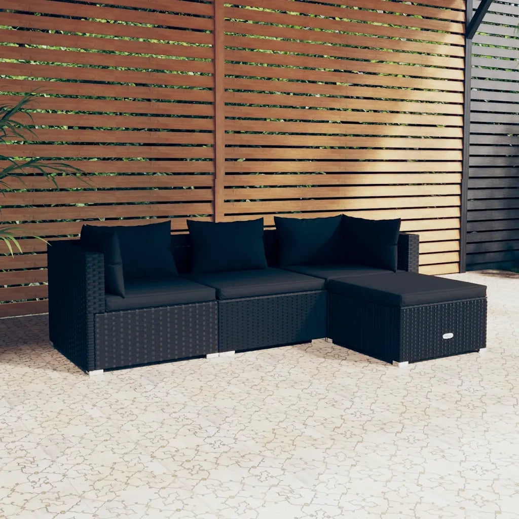 Set Divani da Giardino 4 pz | Set Salotto da Giardino con Cuscini in Polyrattan Nero