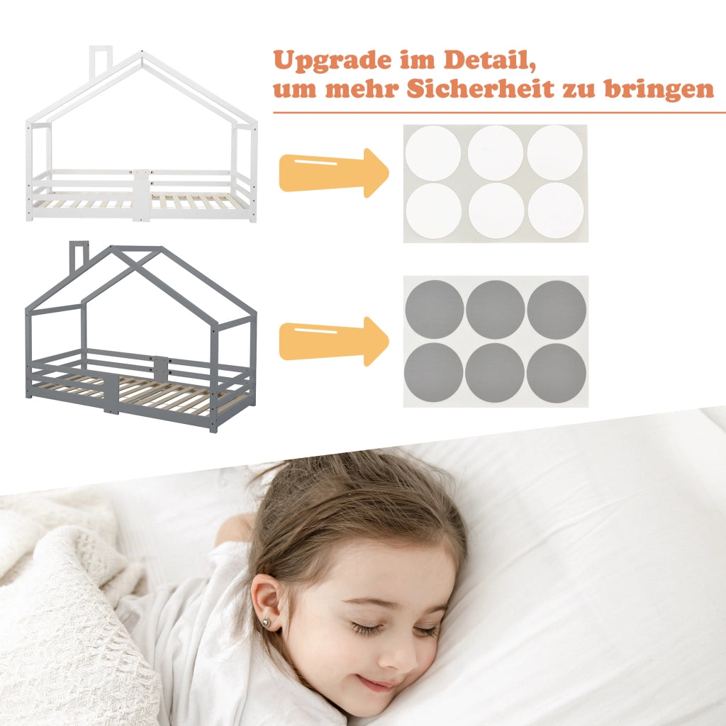 Letto a casetta per bambini con camino, protezione anticaduta, robusta base a doghe, legno di pino, letto a casetta per bambini, 90 x 200 cm senza mat