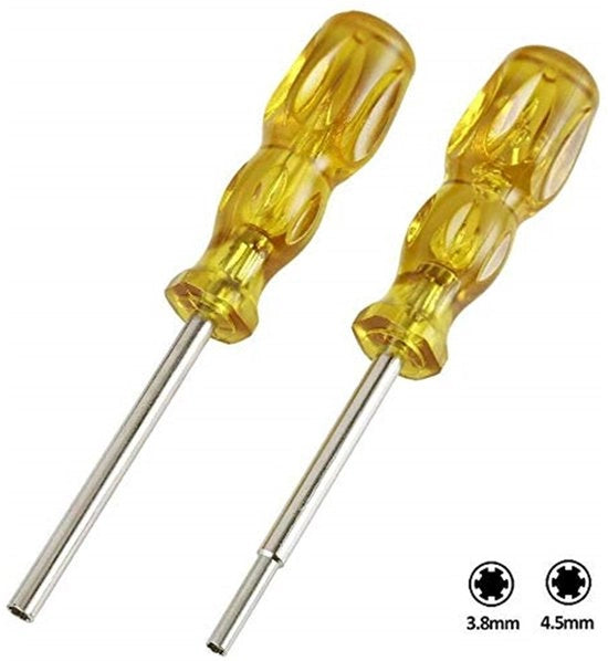 Set di chiavi a bicchieri da 3,8 mm e 4,5 mm con bit di chiave a sicurezza (giallo) idonee per console e cartucce di giochi Nintendo e Sega.