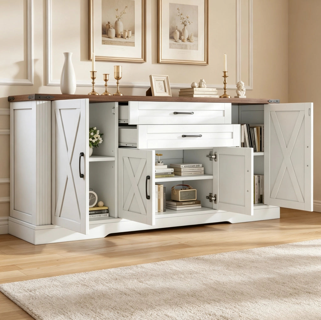 Credenza sideboard 160x39x81;5 cm con 4 ante e 2 cassetti; bianco in MDF e truciolare