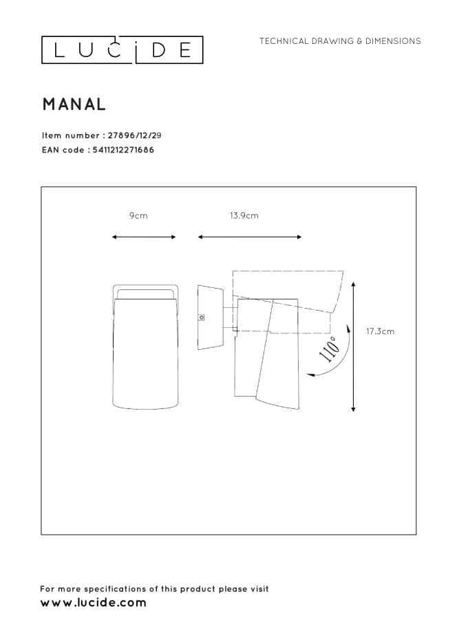 Applique Lucide Manal LED 12W 3000K nera IP65 988lm
