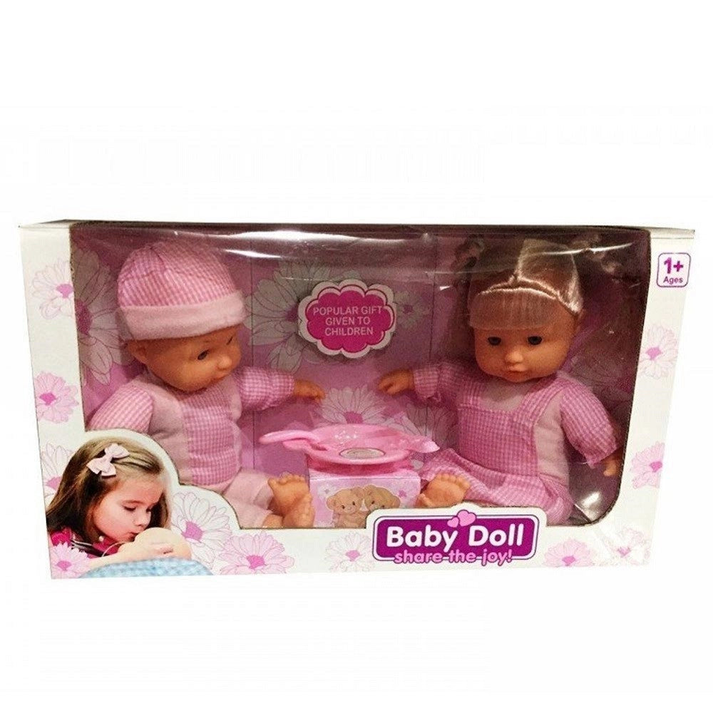 Trade Shop - Bambolotti Gemelli Boy E Girl Con Accessori Pappa E Vestitini In Tessuto Rosa -