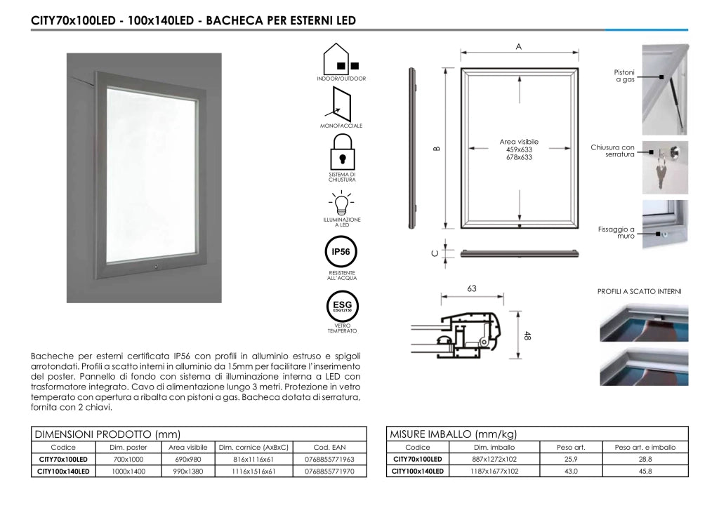 Bacheca per esterno Retroilluminata LED Certificata IP56 - 70 x 100
