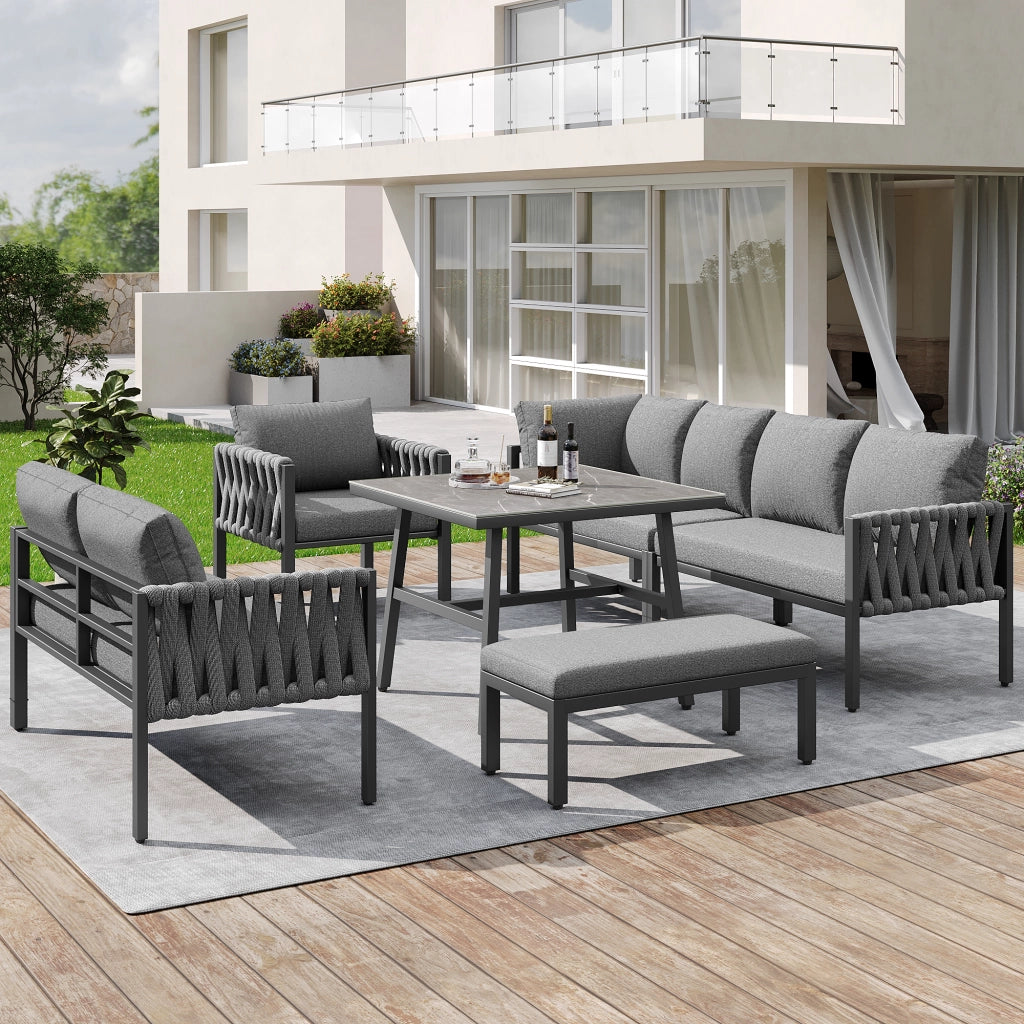 OKWISH Set da 5 mobili da giardino con divano angolare, poltrona, panca e tavolo, Metallo e Poliestere Grigio