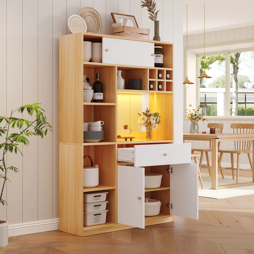 Credenza da Cucina Alta con 3 Ante; 1 Cassetto; Ripiani Aperti e LED per Cucina in Pannelli; Bianco Naturale 115x35x180 cm