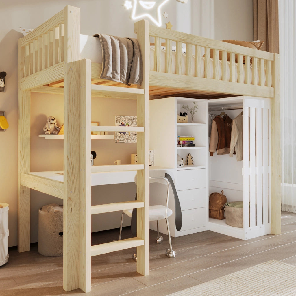 Letto a soppalco singolo 90×200 cm con scrivania; armadio; 3 cassetti e scale; senza materasso; pino; naturale