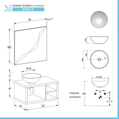 Mobile bagno sospeso 80 cm grigio cemento con vani a giorno completo di lavabo e specchio Master