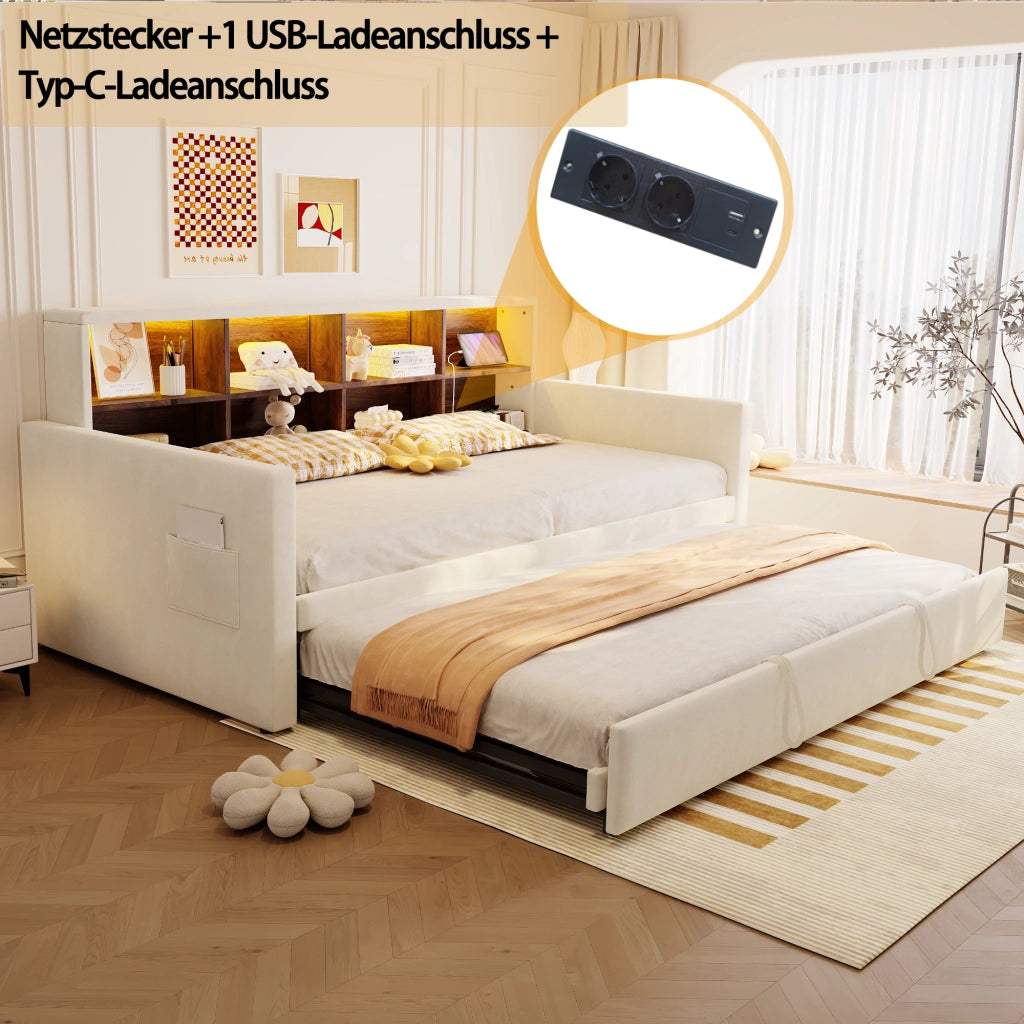 Letto Estraibile 90×190 cm Singolo con LED; USB-C e Ripiani; Estensibile 180×190 cm; senza Materasso; Beige