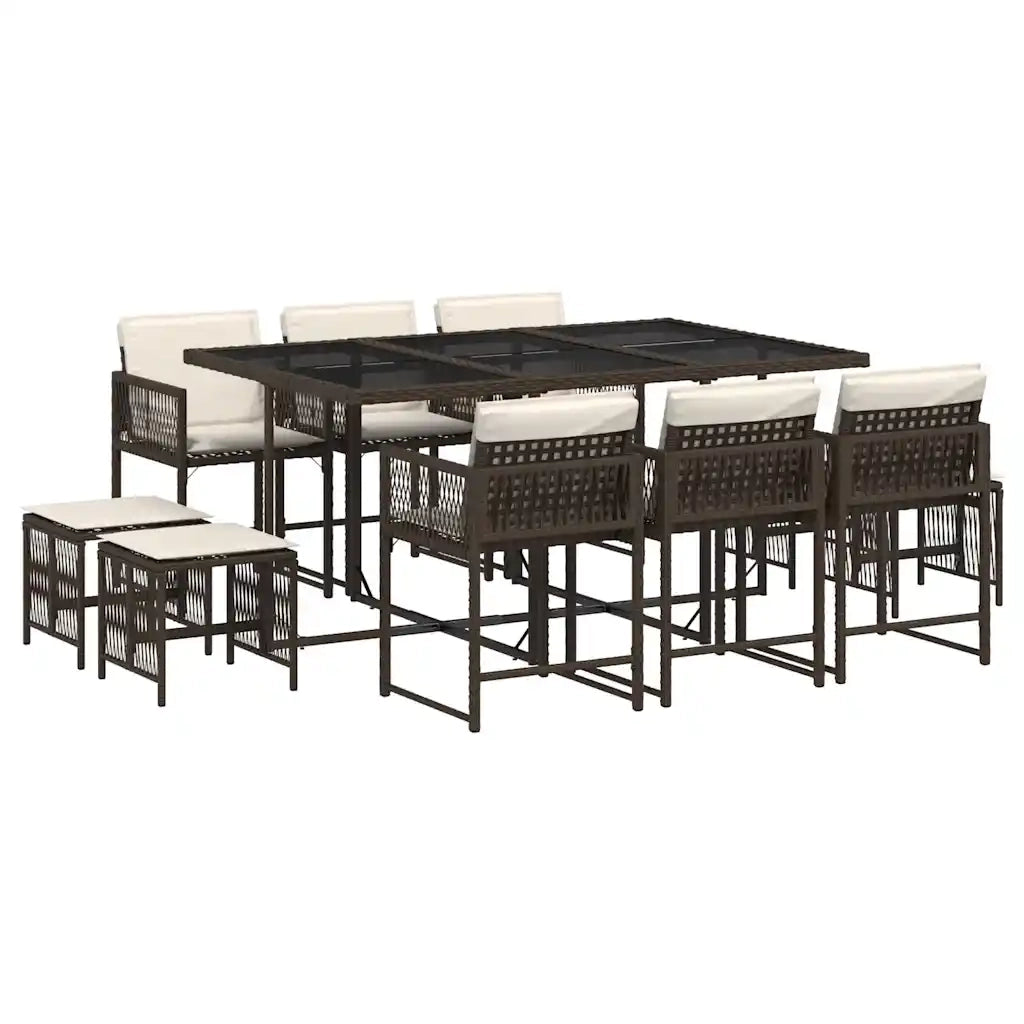 Set da Pranzo da Giardino 11 pz con Cuscini Polyrattan Marrone