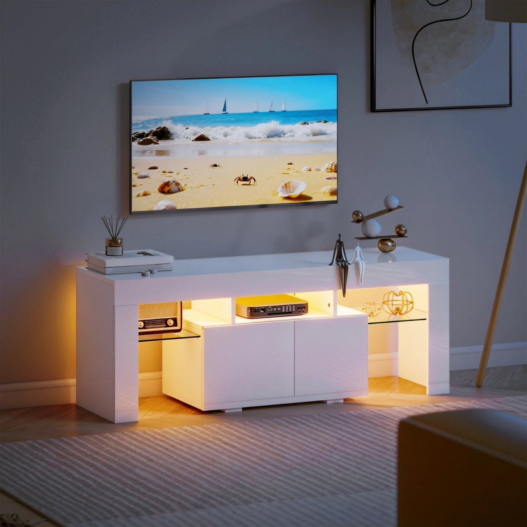 Mobile TV con LED RGB e ripiani in vetro temperato ¨C Xylo ¨C bianco lucido 120x34x45cm