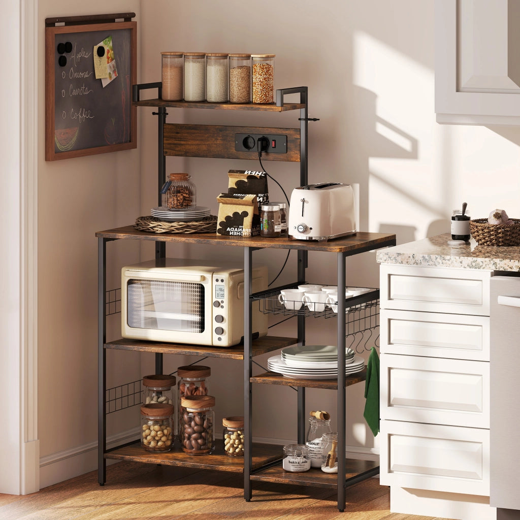 Scaffale da cucina con 2 prese, 5 ganci, 5 ripiani, cestino ¨C Xylo ¨C metallo nero 90x42x130cm