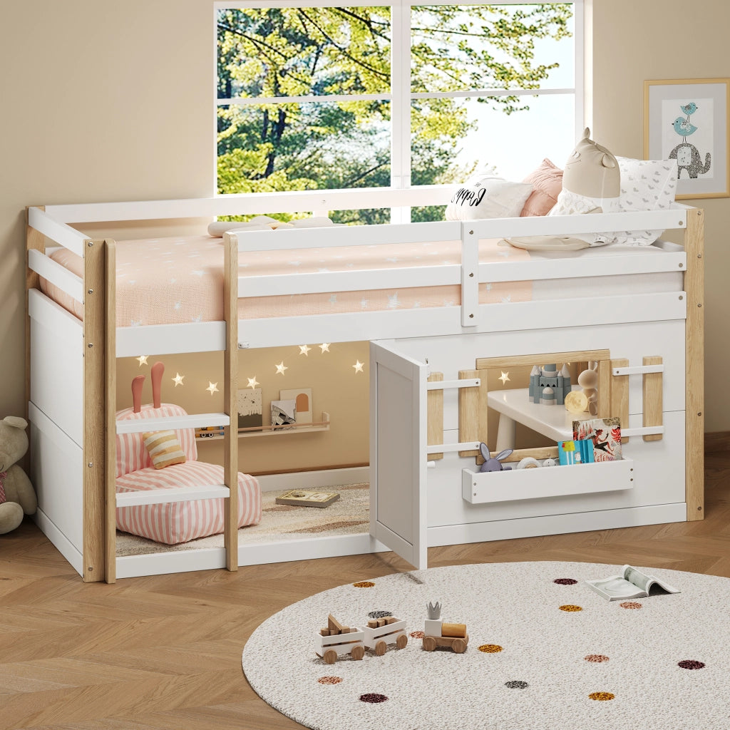OKWISH Letto a Soppalco 90×200 cm, Letto Singolo con Scala e Spazio Gioco Modulare, senza Materasso, in Legno Massello, Bianco
