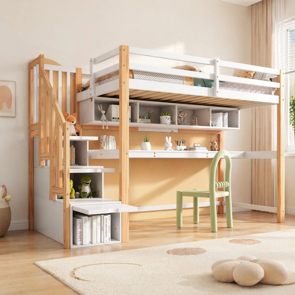 LETTO A SOPPALCO per bambini 90x200 cm con scrivania e scala contenitore bianco e rovere