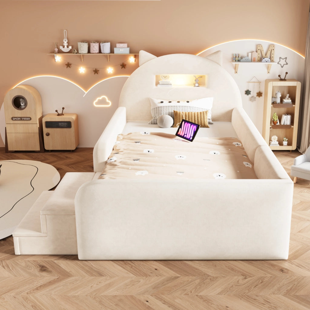 LETTO imbottito 90x200 cm con testiera a orecchie, velluto beige