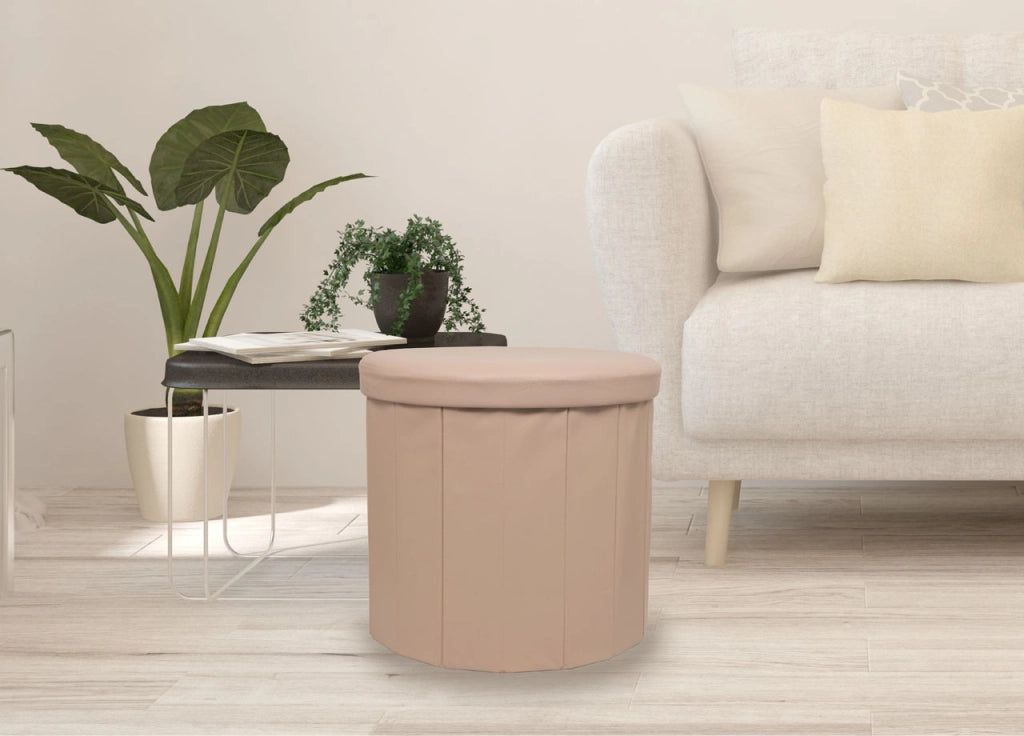 Pouf Salotto Contenitore Ecopelle Rotondo Pieghevole Tinta Unita - Pouf - Tortora