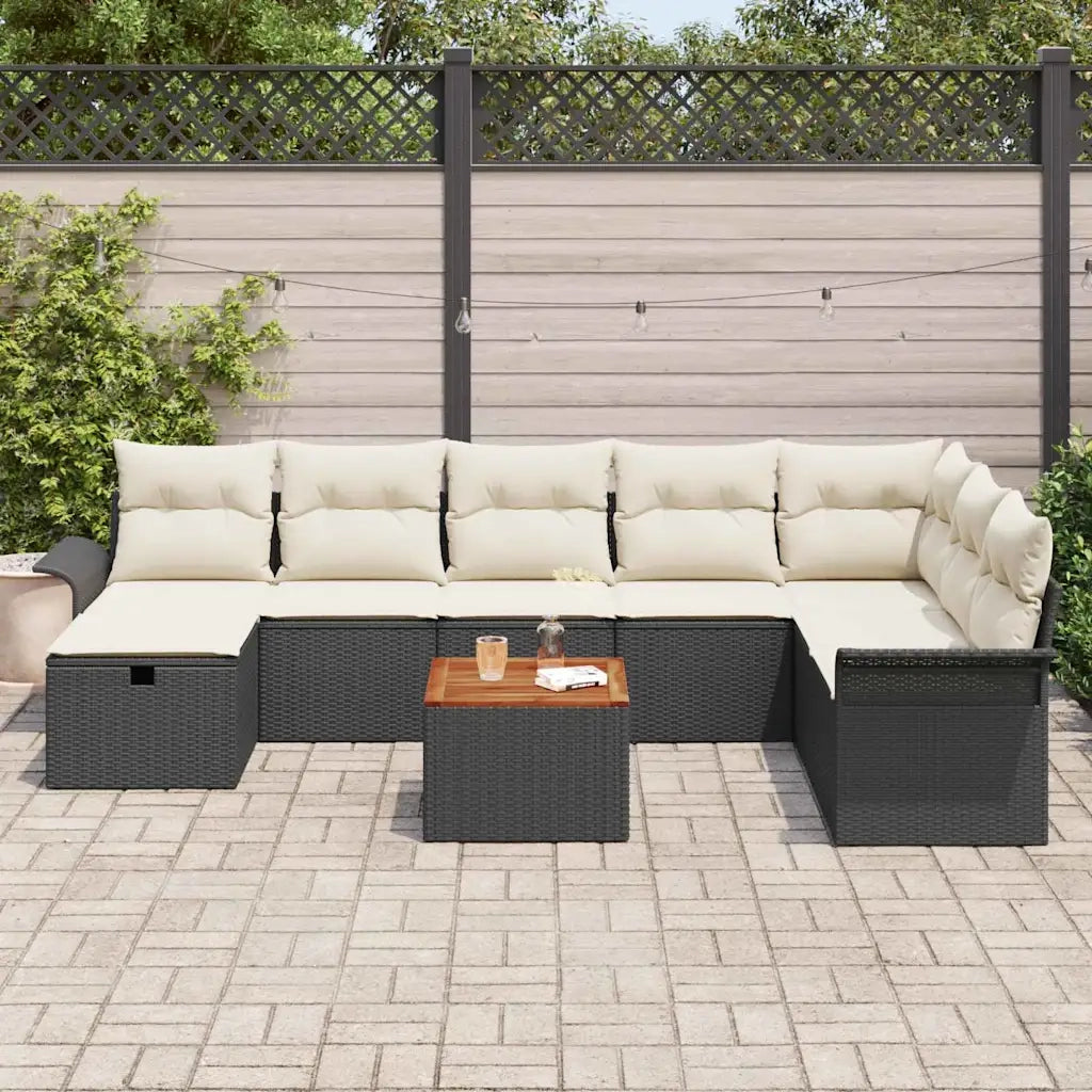 Set Divano da Giardino con cuscino 9 pcs Nero Poly Rattan