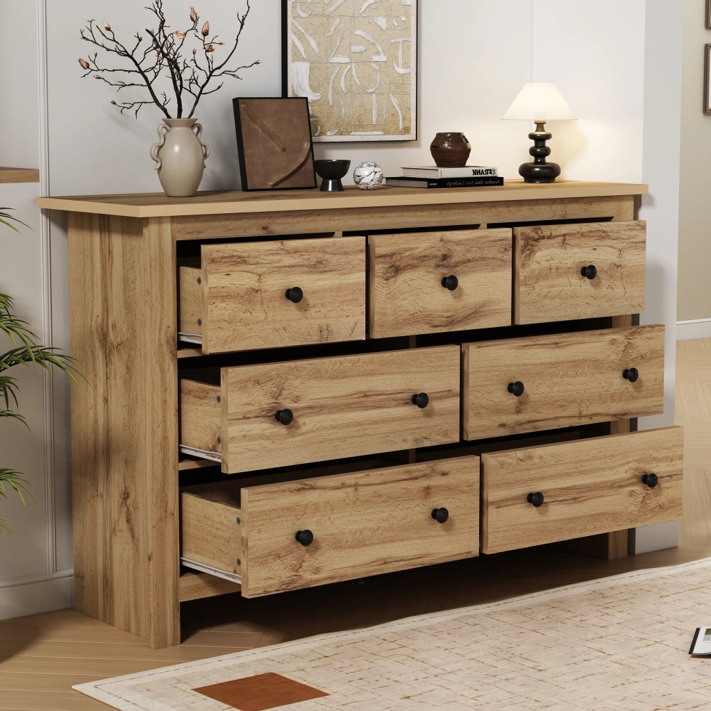 Credenza con 7 cassetti e piedino centrale regolabile - per cucina e soggiorno - 152x40x89 cm - color legno