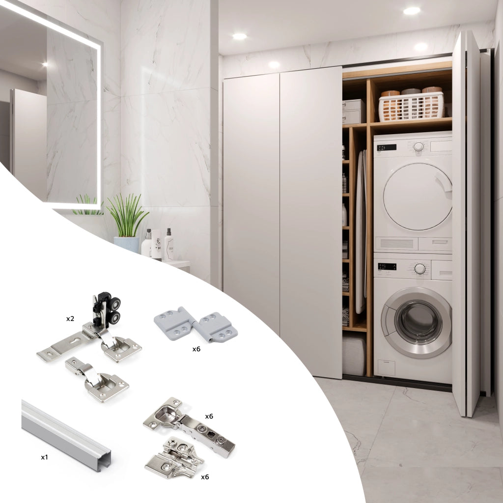Sistema  Twofold in formato kit per 2 ante scorrevoli in legno pensili e pieghevoli con chiusura ammortizzata