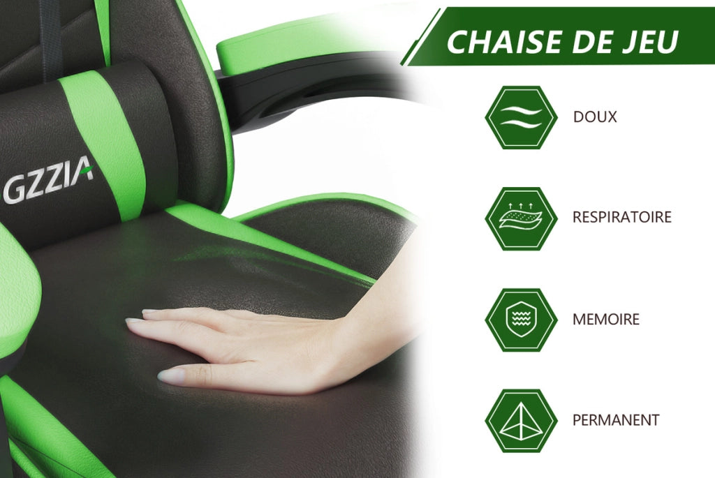Sedia da gioco,  Sedia da gioco ergonomica, altezza regolabile, schienale reclinabile, braccioli e poggiatesta, nero-verde