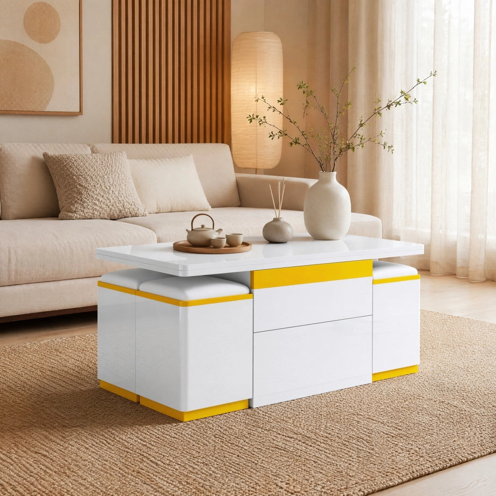 Tavolino da salotto alzabile con piano apribile, 1 cassetto, vani aperti e 4 sgabelli, bianco, 100 × 50 × 43 cm