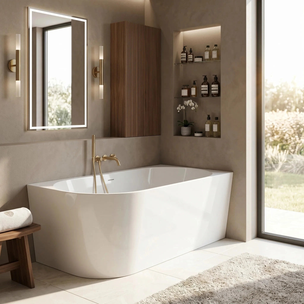 Vasca Da Bagno Angolare In Acrilico Rea Bellanto Slim 150 Right Copritappo bianco