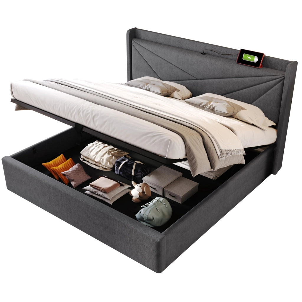 OKWISH Letto Contenitore 140×200 cm, Letto Matrimoniale con USB, Tipo C e Testiera, senza Materasso, in Tessuto Lino Cotone, Grigio