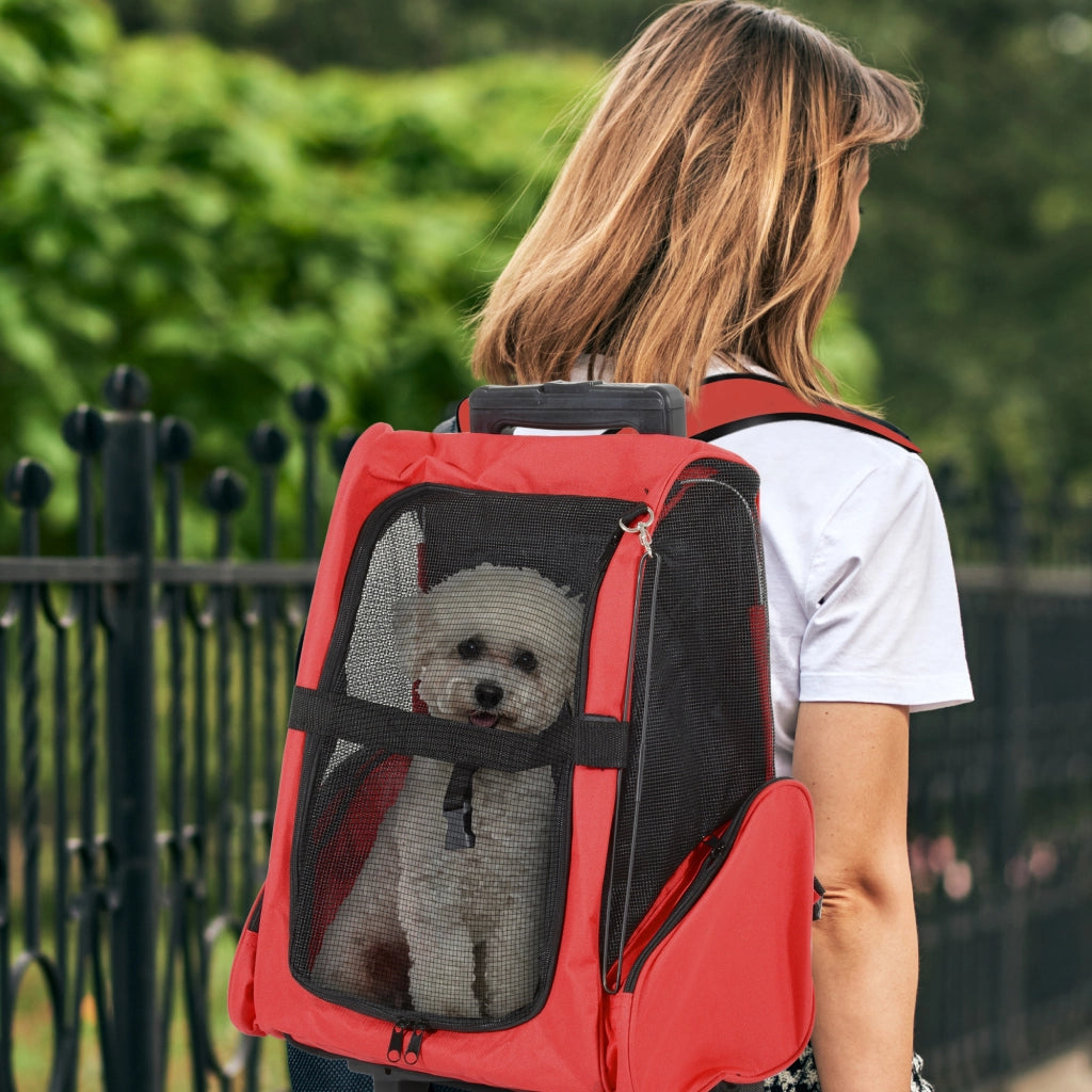 Trasportino Zaino 2 in 1 per Cani e Gatti con Tasche Laterali, Maniglia Telescopica e Ruote, 42x25x55cm, Rosso