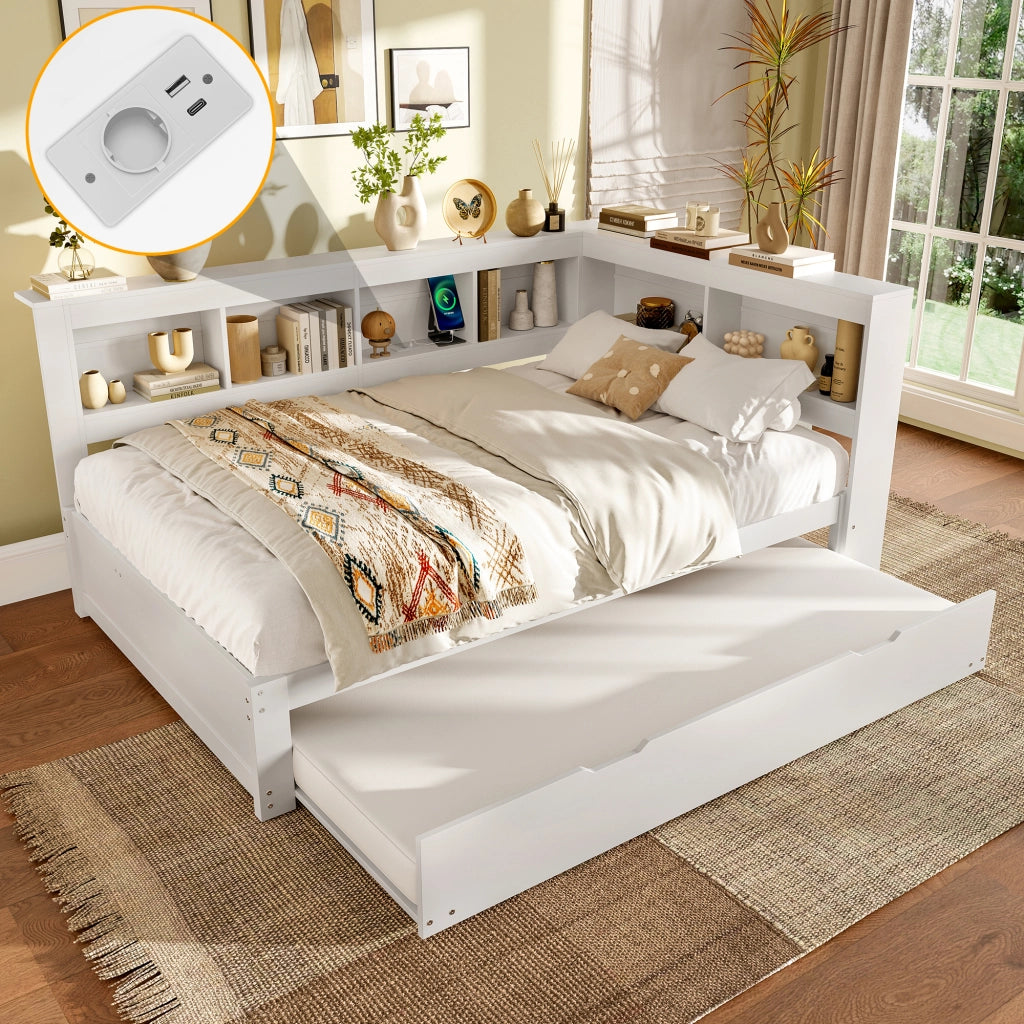 LETTO DIVANO estraibile 140x200 cm bianco con prese e 2 USB