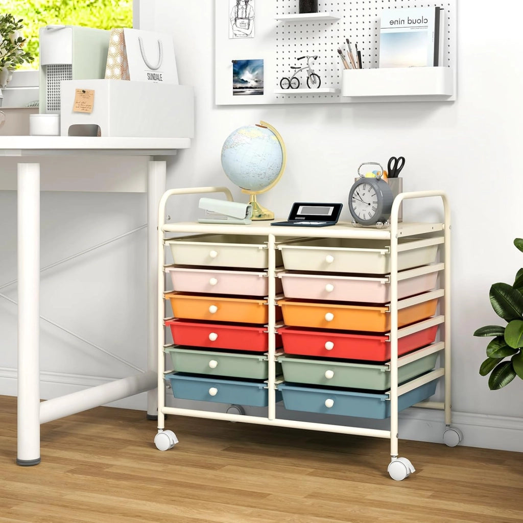 Carrello di Stoccaggio con 12 Cassetti, Carrello portaoggetti con 4 Ruote, Carrello Multiuso per Scuola Ufficio Cucina, 64 x 38 x 62 cm (12 cassetti Macaron)