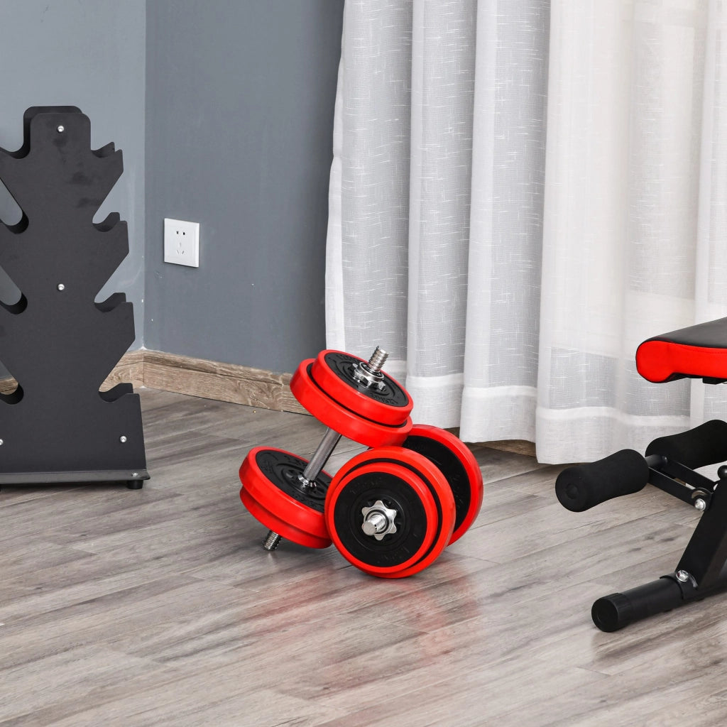 Set di manubri da 20 kg, 2 in 1, regolabili, con bilanciere e manubri, colore rosso e nero, per allenamento muscolare e fitness a casa. Dimensioni: