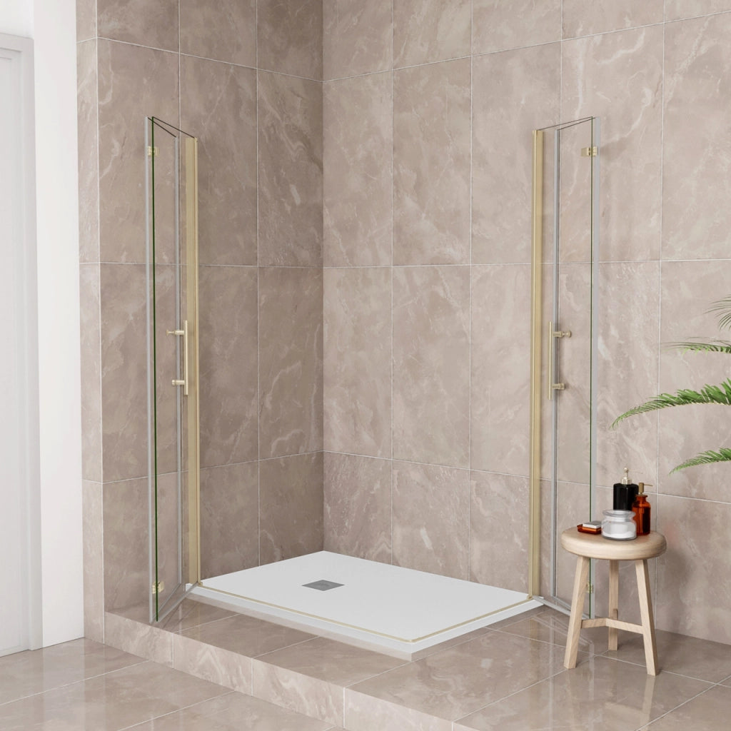 185 cm Box Doccia Angolare 76x90 cm Doppia Porta Battente Pieghevole Vetro Temperato Trasparente 6 mm Anticalcare Telaio Dorato Spazzolato