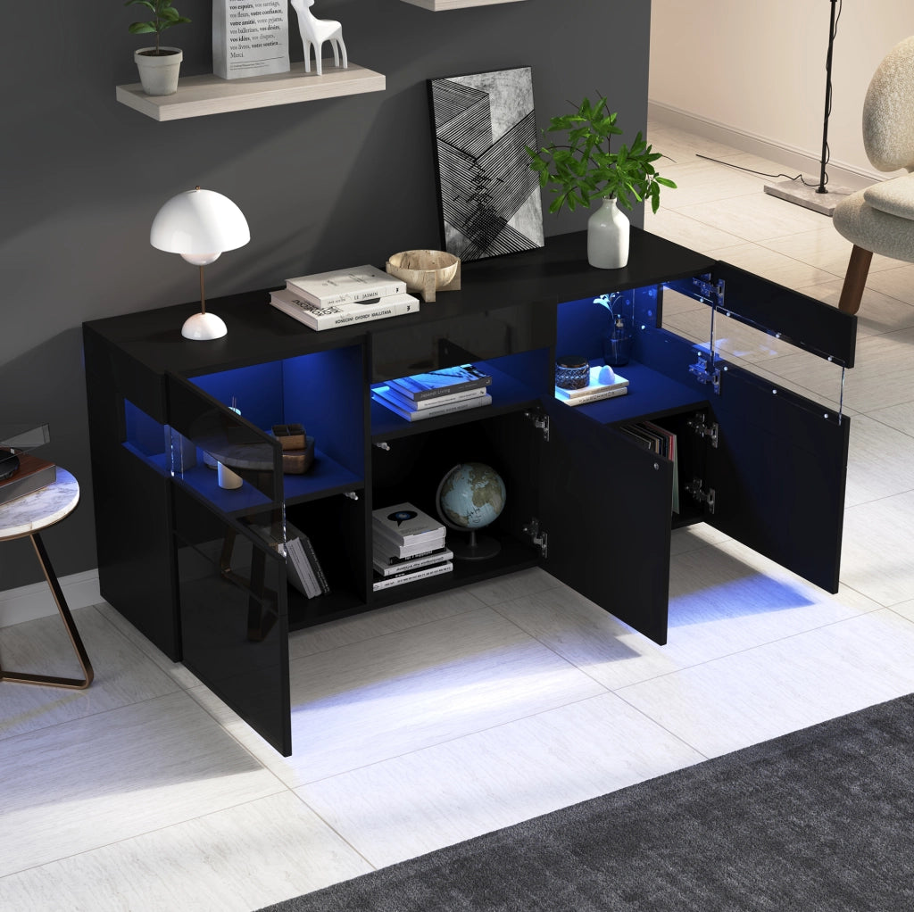 Madia da soggiorno 140 x 40;5 x 66;5 cm con 3 ante; LED controllato da app; nero lucido