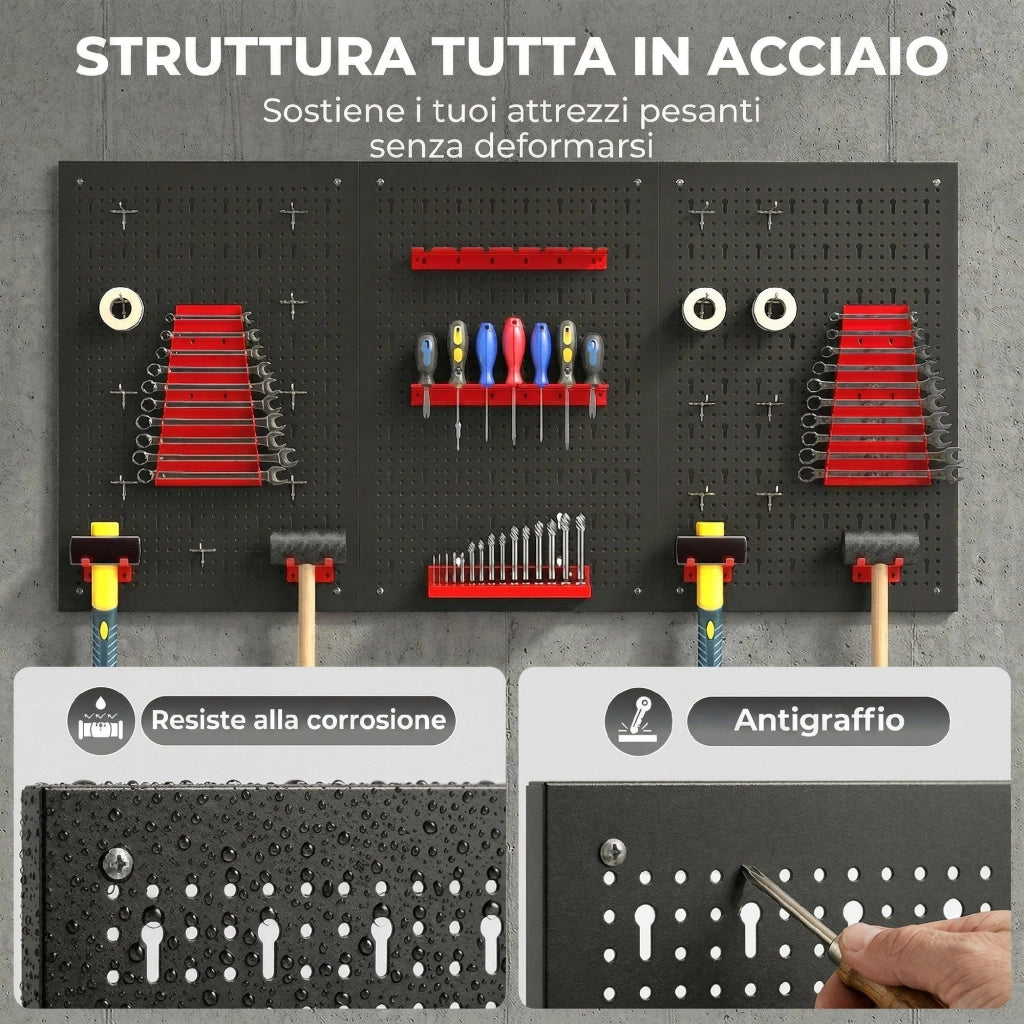 Pannelli Porta Attrezzi da Parete in Acciaio ¨C Zephmum ¨C Nero e Rosso con 9 Supporti e 16 Ganci
