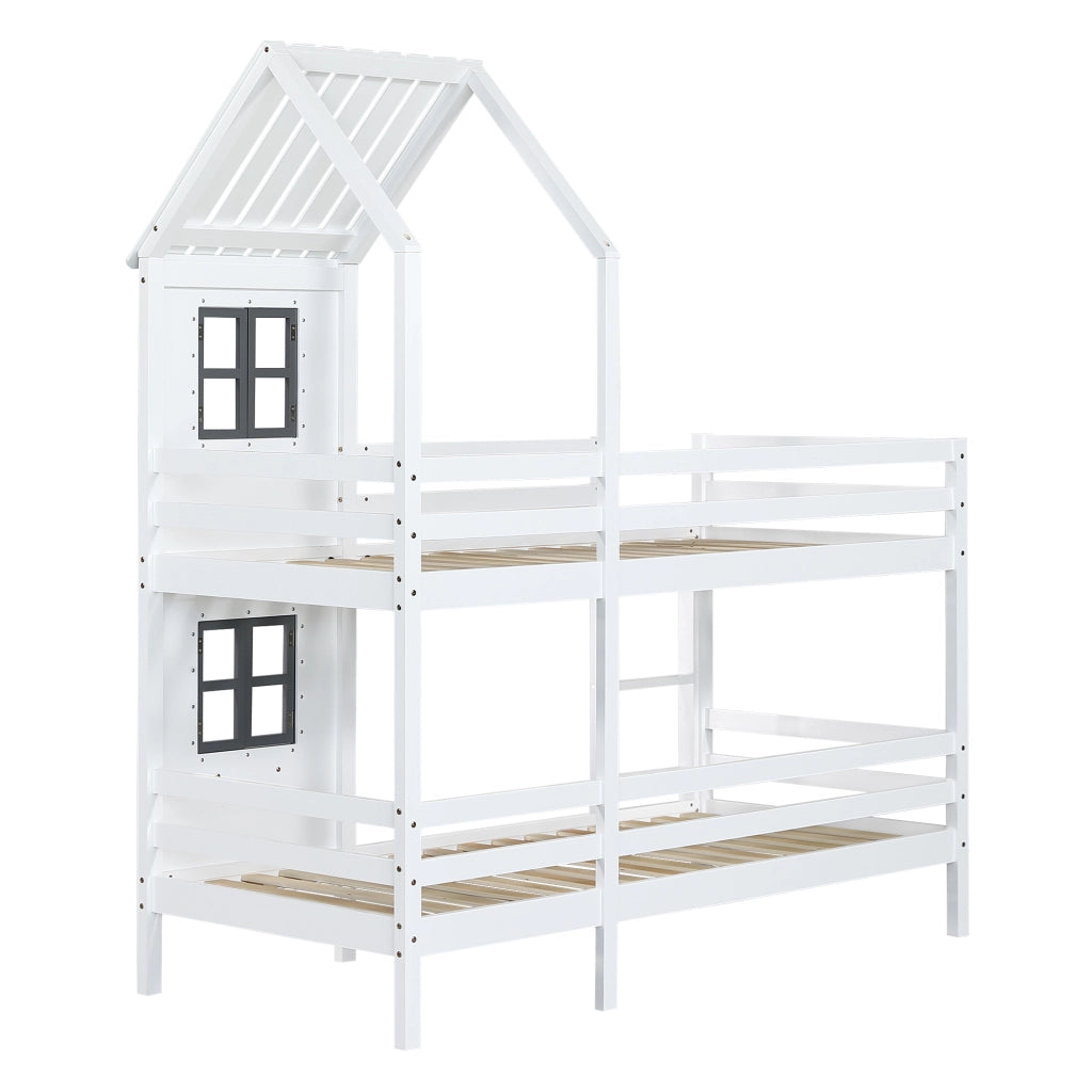 DESMIU Letto a castello bambino 90 × 200 cm con finestra, scala, sponde, senza materasso, legno, bianco