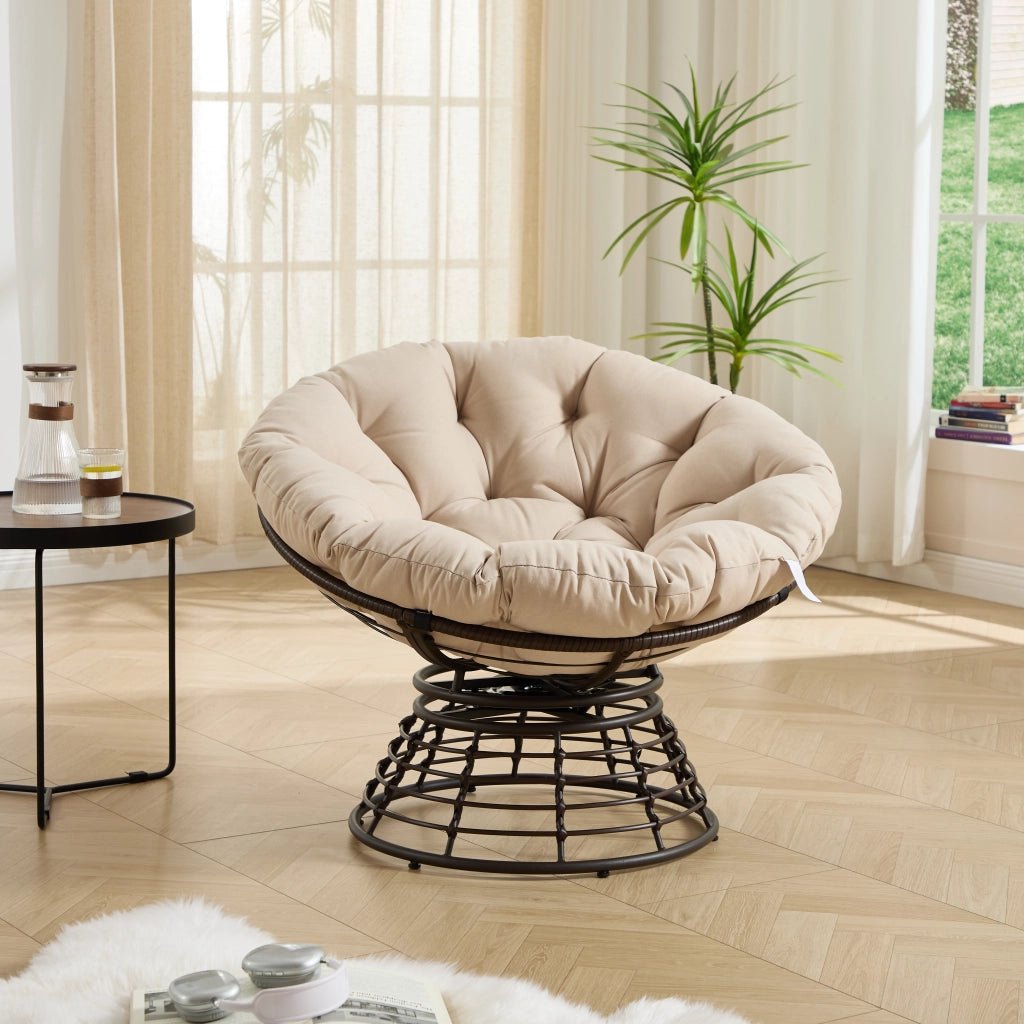 Chaise ergonomique confortable en osier papasan chaise int¨¦rieure ext¨¦rieure pivotante ¨¤ 360¡ã avec coussin ¨¦pais et doux id¨¦ale pour le salon la chambre la salle de lecture cadre marron avec coussin beige