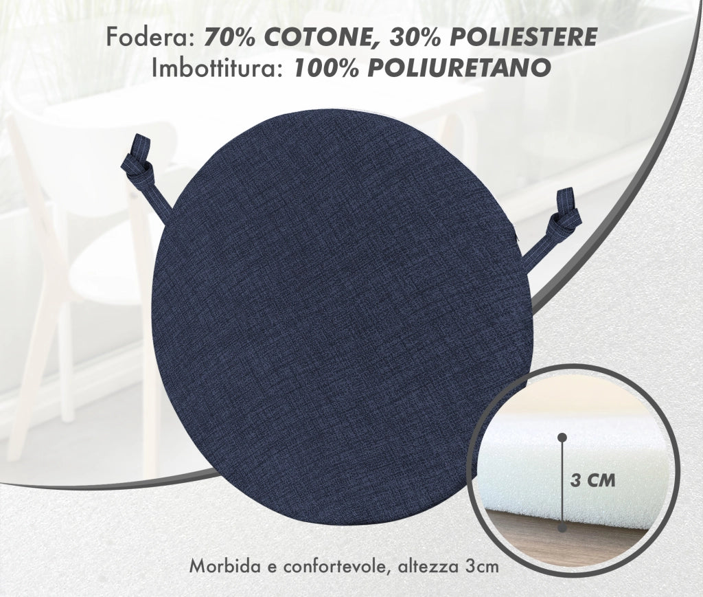 Cuscini Rotondi Per Sedie Cucina Imbottiti Sfoderabili Con Cerniera Cuscino Rotondo Ø 40 Cm Sedia Tavolo Lavabile In Lavatrice Con Lacci Per Fissaggio Prodotto Italiano Comodi 6 Pezzi - Blu