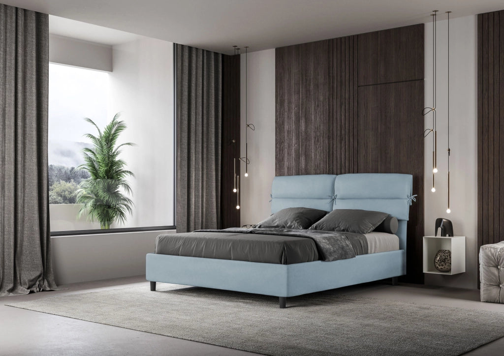 BS COM Letto matrimoniale contenitore doppia alzata imbottito 160x200 microfibra azzurro