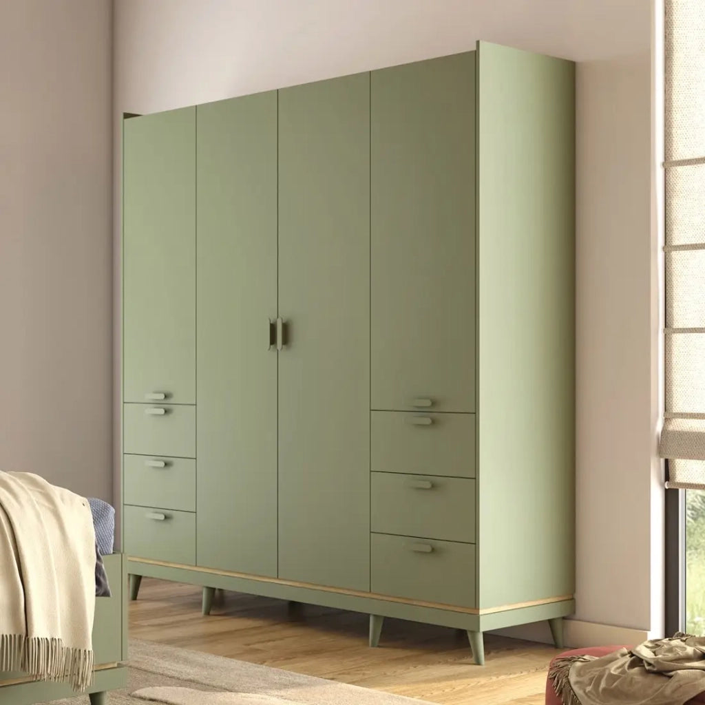 Armadio NOKI – 4 porte verde e legno – Stile scandinavo
