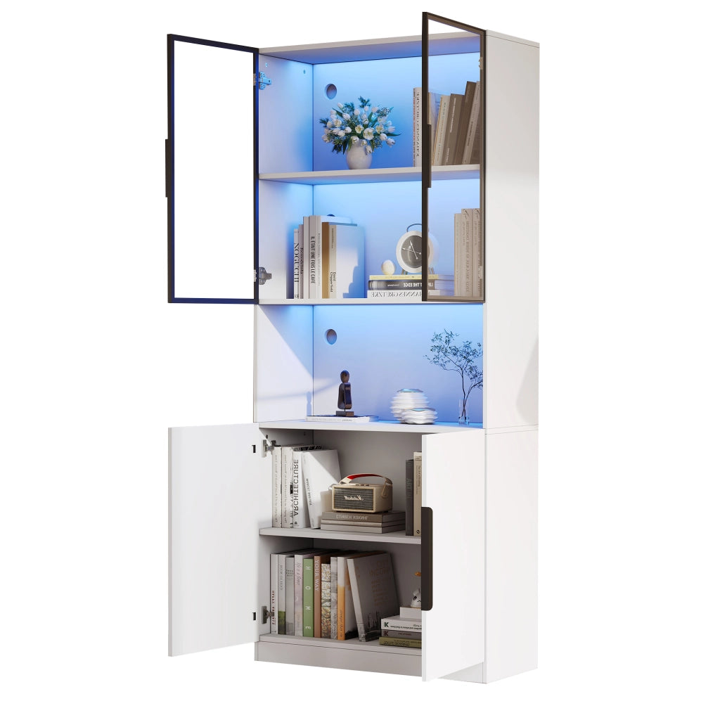 Vetrina con ante in vetro; vano aperto e illuminazione LED - 80x30x200 cm - bianco