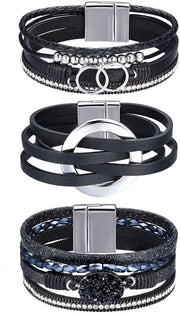 Set di bracciali in pelle boho - 3 pezzi - armband in pelle - armband stivato - progetto sostenibile - forma comoda - chiusura di alta qualità