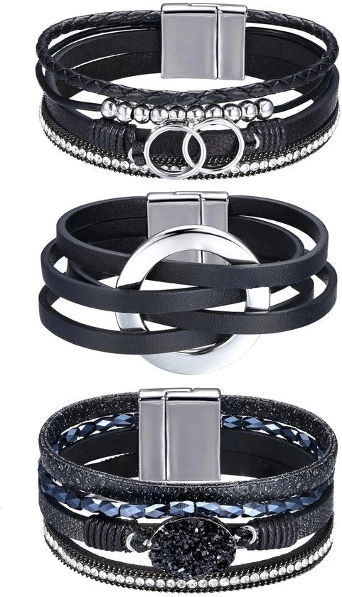Set di bracciali in pelle boho - 3 pezzi - armband in pelle - armband stivato - progetto sostenibile - forma comoda - chiusura di alta qualità