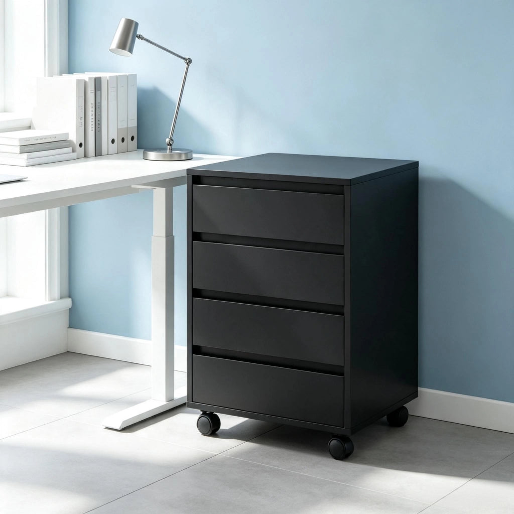 Mobile contenitore da scrivania su ruote, contenitore con ruote e 4 cassetti, contenitore da scrivania con finitura in legno, contenitore ufficio mobi