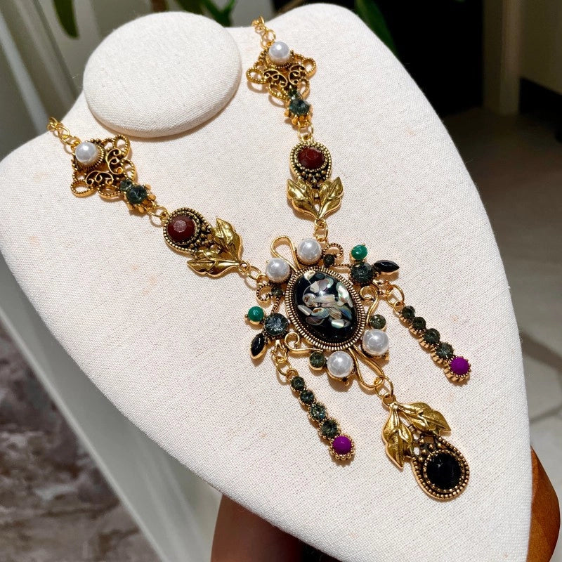 Collana Hanfu retr¨° da donna, catena per clavicola con perle di cristallo, ciondolo con pietre preziose, catena per maglione