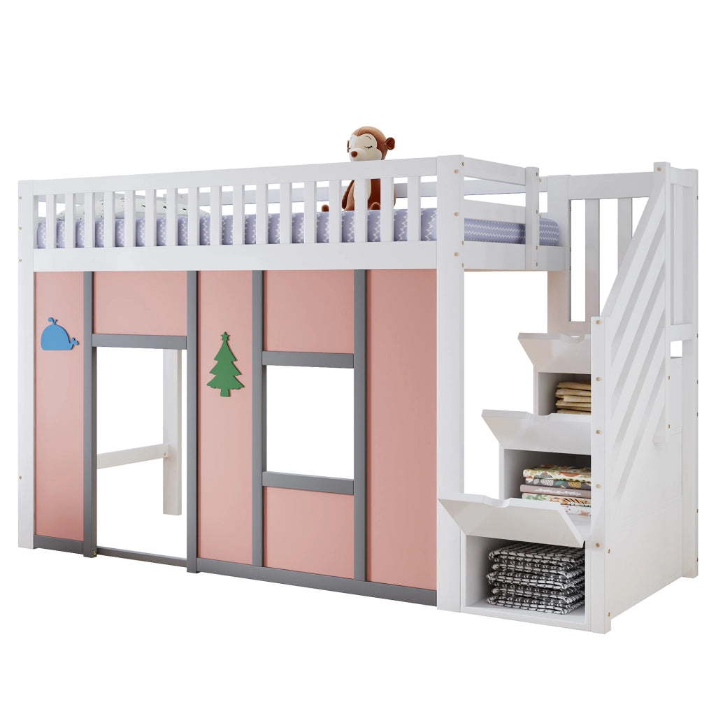 Letto a soppalco per bambini 90x200 cm bianco e rosa con scala contenitore e LED