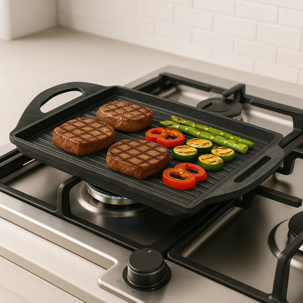 Piastra Grill Bistecchiera con 2 Manici e Fondo Induzione Effetto Pietra 25x35cm