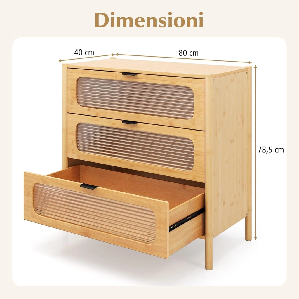 Cassettiera a 3 Cassetti in Bambù e Vetro Temperato, Cassettiera Salvaspazio per Camera da Letto, Credenza per Soggiorno, Ingresso e Corridoio, 80 x 40 x 78,5 cm, Naturale